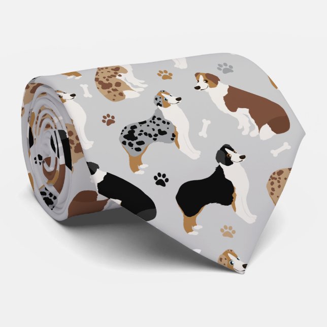 Australian Shepherd Bones and Paws Gray Neck Tie (Rolled)