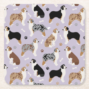Australian Shepherd Bones and Paws Square Paper Coaster