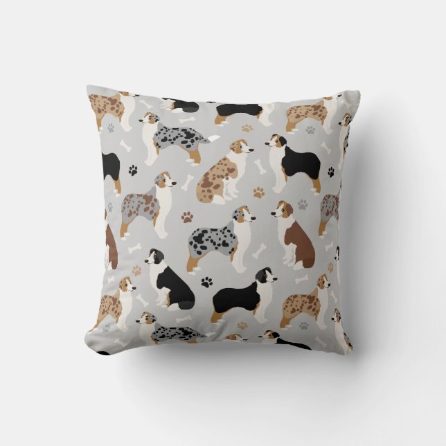 Australian Shepherd Bones and Paws Throw Pillow (Front)