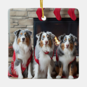 Australian Shepherd by the Fireplace Christmas Ceramic Ornament