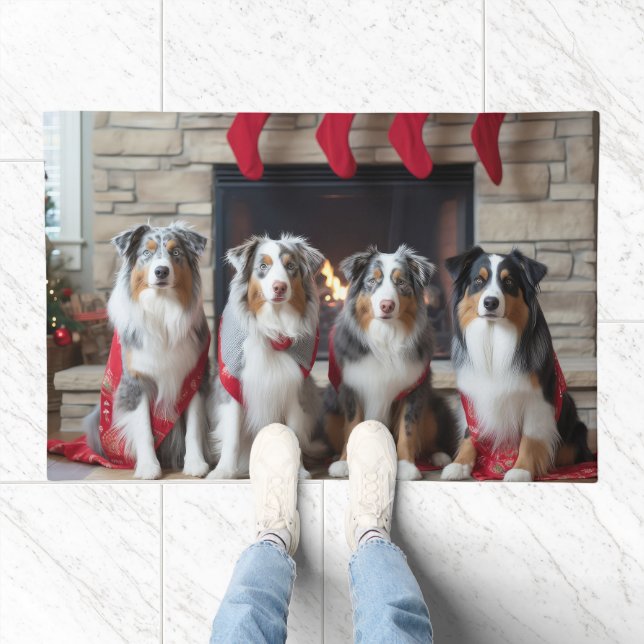 Australian Shepherd by the Fireplace Christmas Doormat (Indoor)