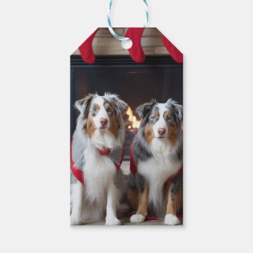 Australian Shepherd by the Fireplace Christmas Gift Tags