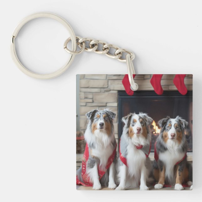 Australian Shepherd by the Fireplace Christmas Keychain (Front)