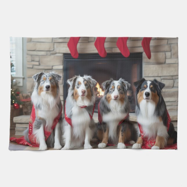 Australian Shepherd by the Fireplace Christmas Kitchen Towel (Horizontal)