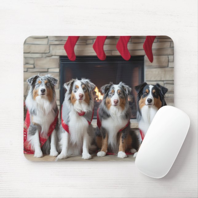 Australian Shepherd by the Fireplace Christmas Mouse Pad (With Mouse)