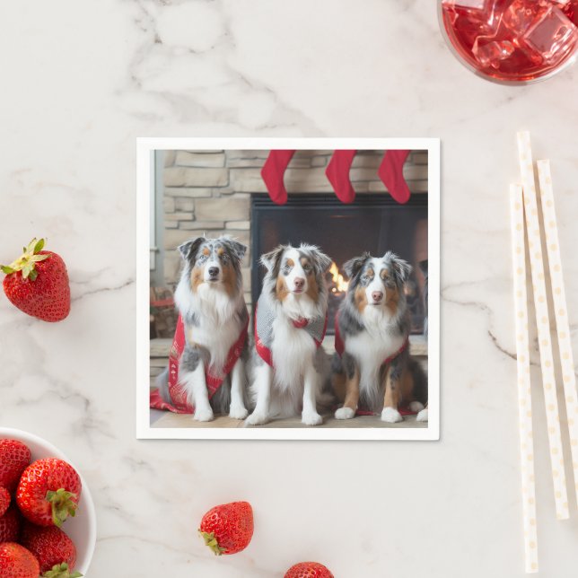 Australian Shepherd by the Fireplace Christmas Napkins (Insitu)