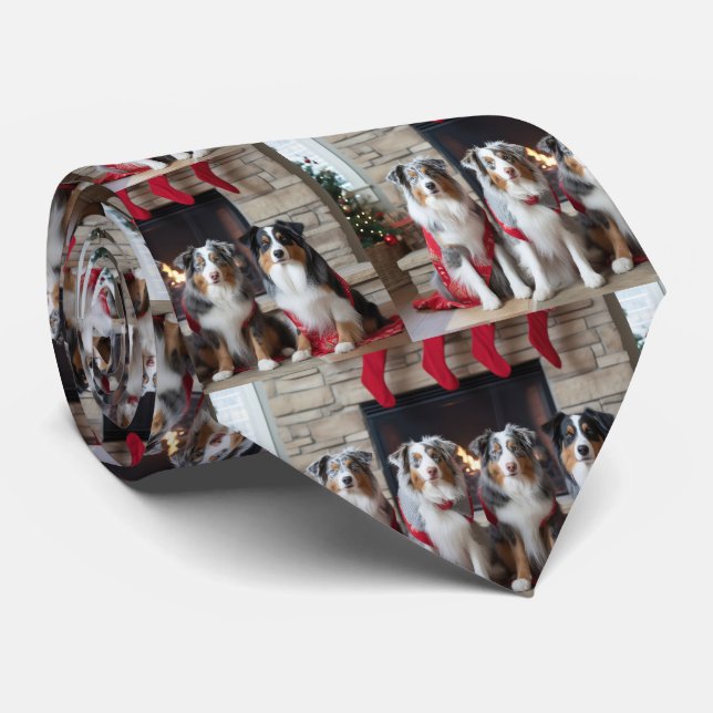 Australian Shepherd by the Fireplace Christmas Neck Tie (Rolled)