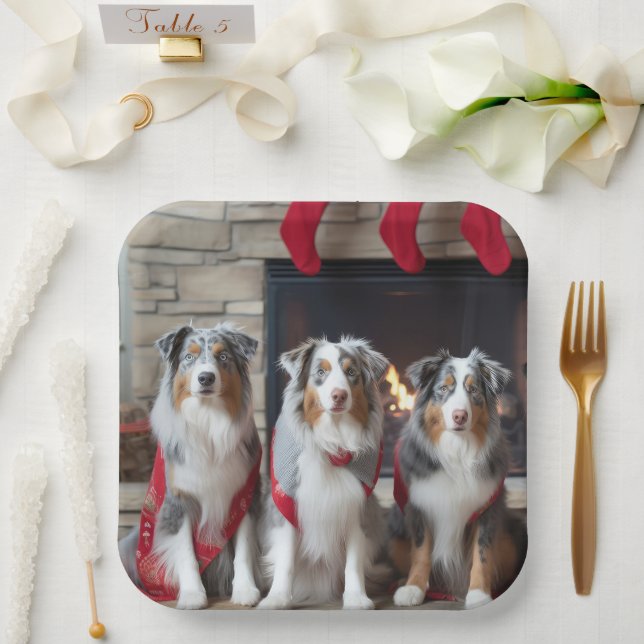 Australian Shepherd by the Fireplace Christmas Paper Plates (Wedding)
