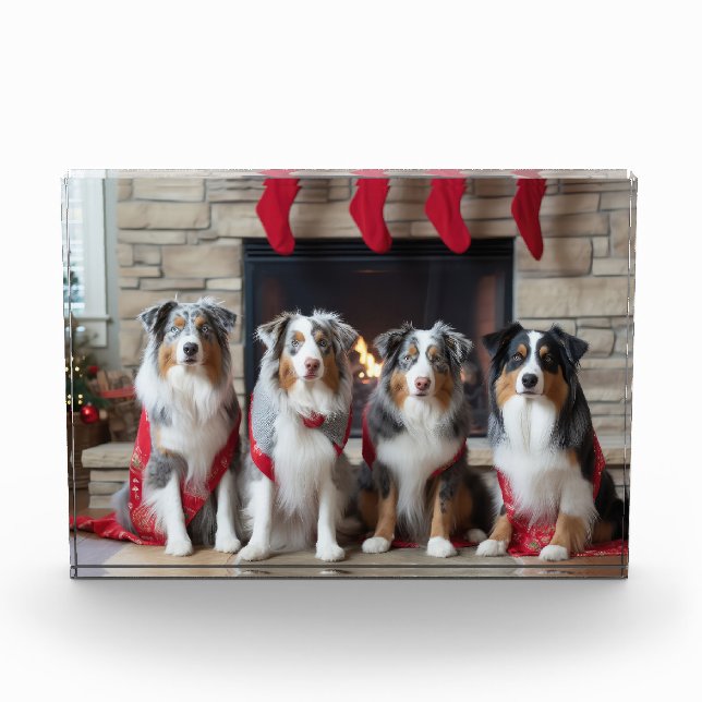 Australian Shepherd by the Fireplace Christmas Photo Block (Front)