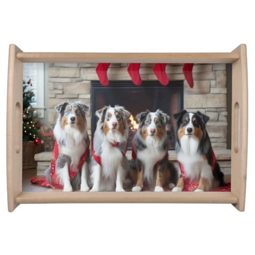Australian Shepherd by the Fireplace Christmas Serving Tray