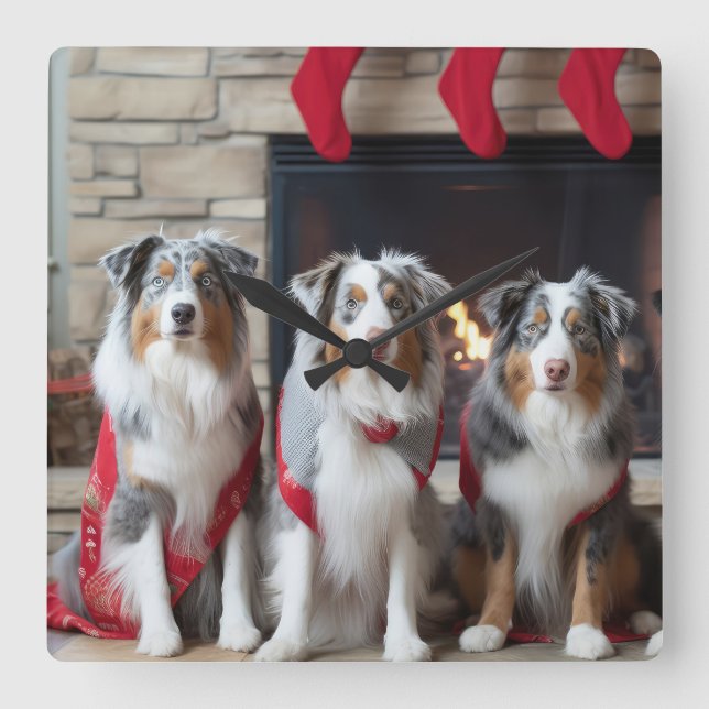 Australian Shepherd by the Fireplace Christmas Square Wall Clock (Front)