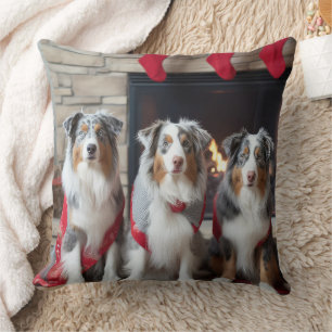 Australian Shepherd by the Fireplace Christmas Throw Pillow