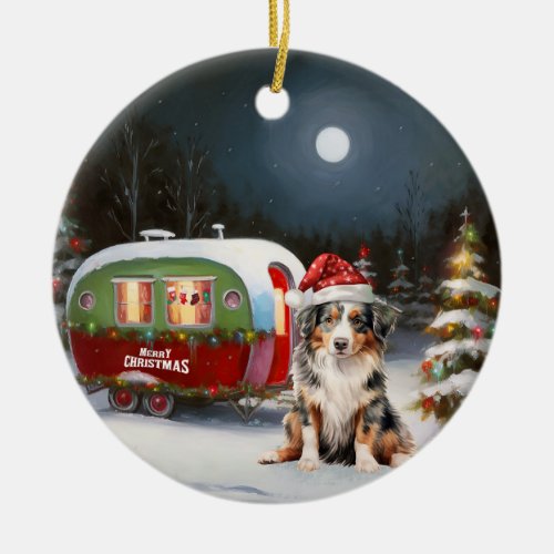 Australian Shepherd Caravan Christmas Adventure Ceramic Ornament