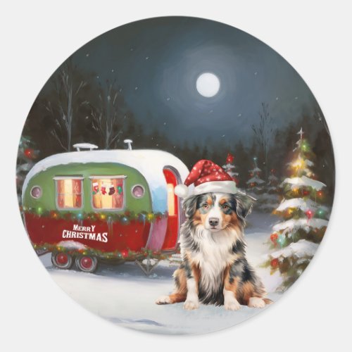 Australian Shepherd Caravan Christmas Adventure Classic Round Sticker