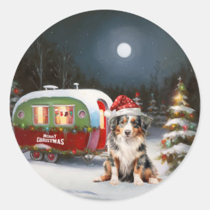 Australian Shepherd Caravan Christmas Adventure Classic Round Sticker