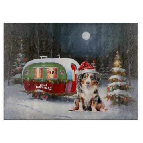 Australian Shepherd Caravan Christmas Adventure Cutting Board