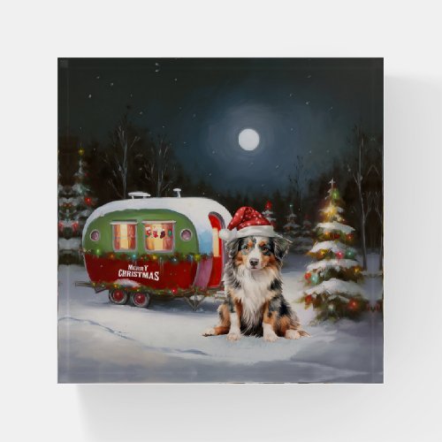 Australian Shepherd Caravan Christmas Adventure Paperweight