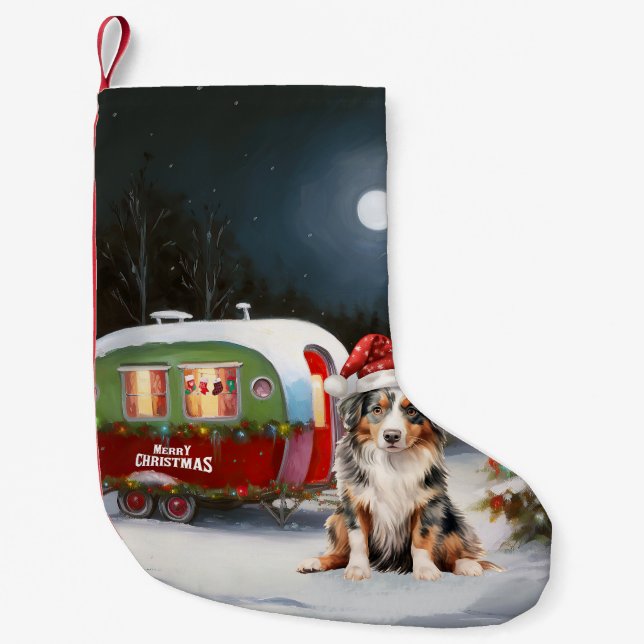 Australian Shepherd Caravan Christmas Adventure Small Christmas Stocking (Front)