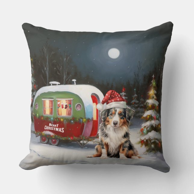 Australian Shepherd Caravan Christmas Adventure Throw Pillow (Front)