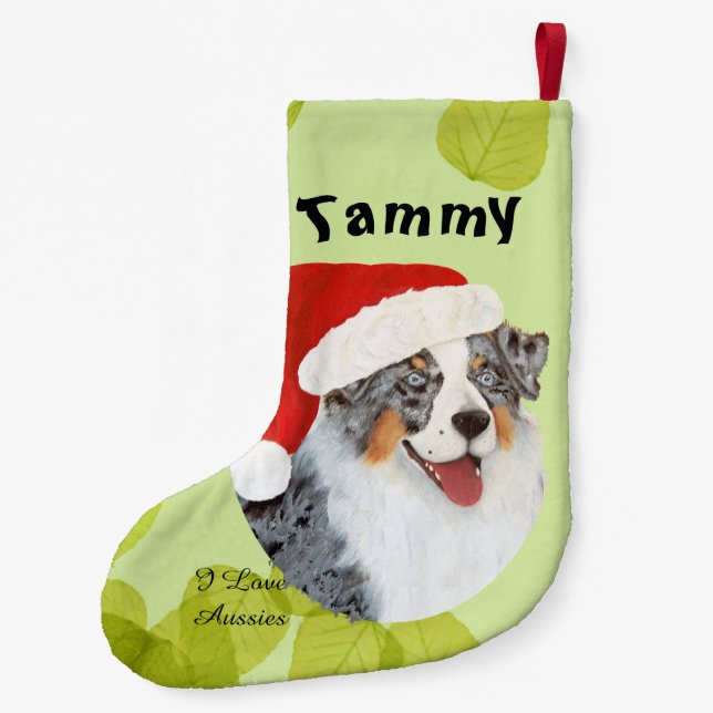 Australian Shepherd "Christmas Aussie" Painting Small Christmas Stocking (Back)