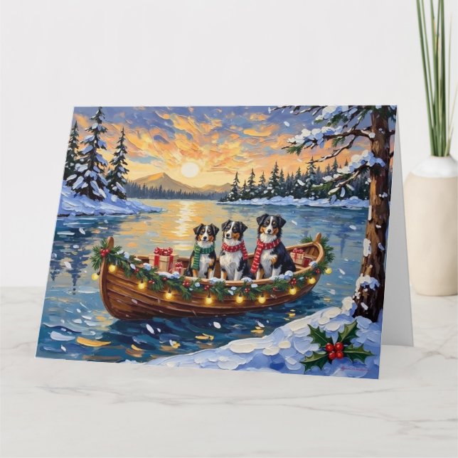 Australian Shepherd Christmas Boat Holiday Card (Front)