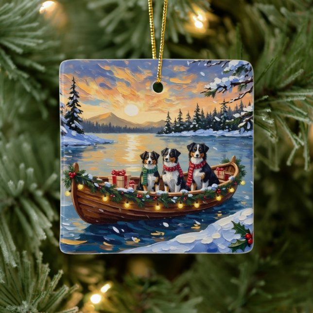 Australian Shepherd Christmas Boat Holiday Ceramic Ornament (Tree)