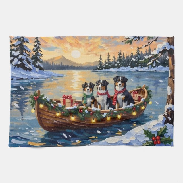 Australian Shepherd Christmas Boat Holiday Kitchen Towel (Horizontal)