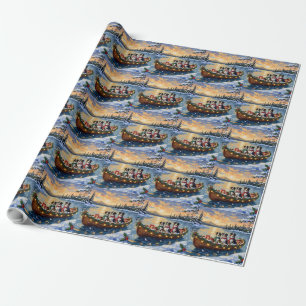 Australian Shepherd Christmas Boat Holiday Wrapping Paper