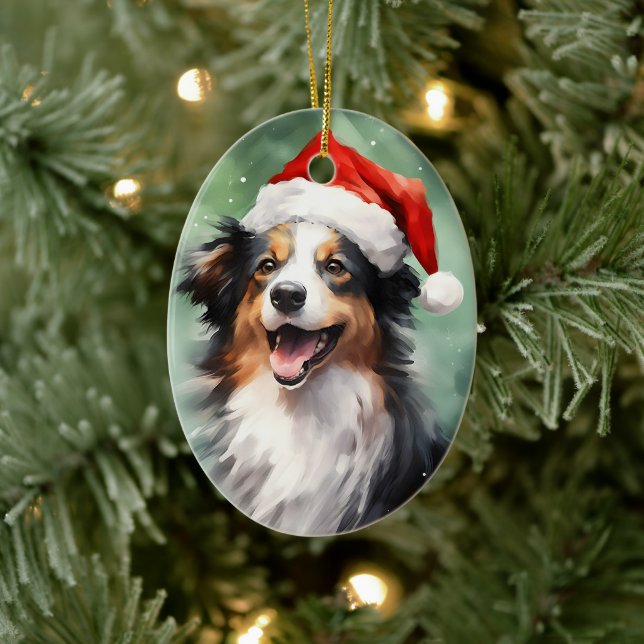 Australian Shepherd Christmas brush painting Ceramic Ornament (Tree)