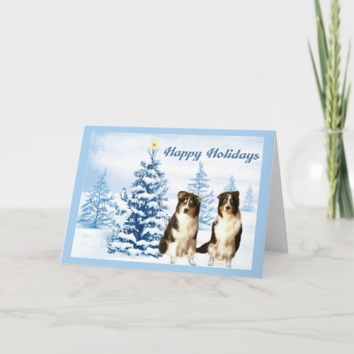 Australian Shepherd Christmas Card Blue Tree