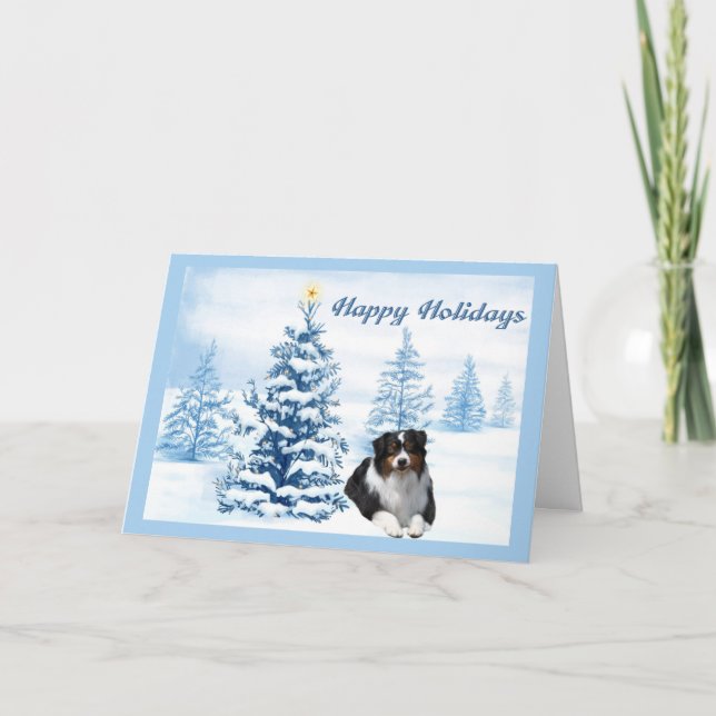 Australian Shepherd Christmas Card Blue Tree (Front)