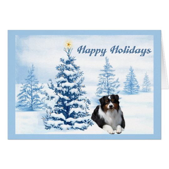 Australian Shepherd Christmas Card Blue Tree