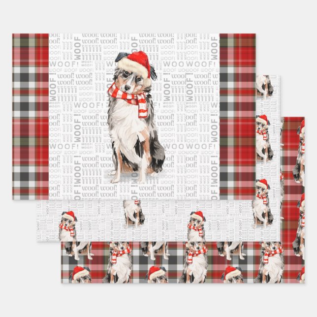 Australian Shepherd Christmas Dog and Plaid Wrapping Paper Sheets (Set)