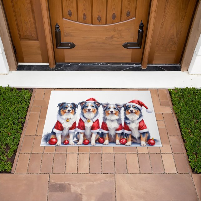 Australian Shepherd Christmas Dress Santa Hat Doormat (Outdoor)