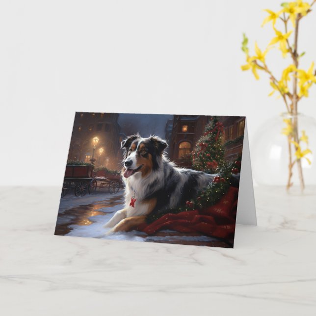 Australian Shepherd Christmas Festive Season  Card (Yellow Flower)