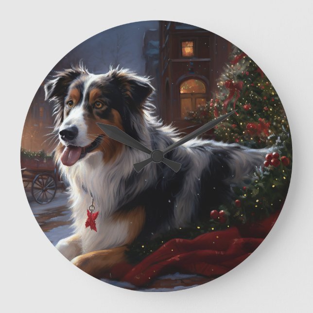 Australian Shepherd Christmas Festive Season  Large Clock (Front)