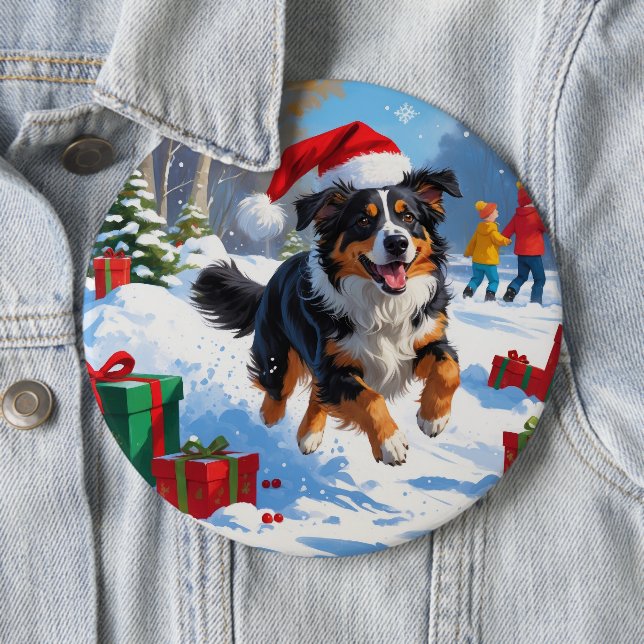 Australian Shepherd Christmas Festive Snow Scene Button (In Situ)