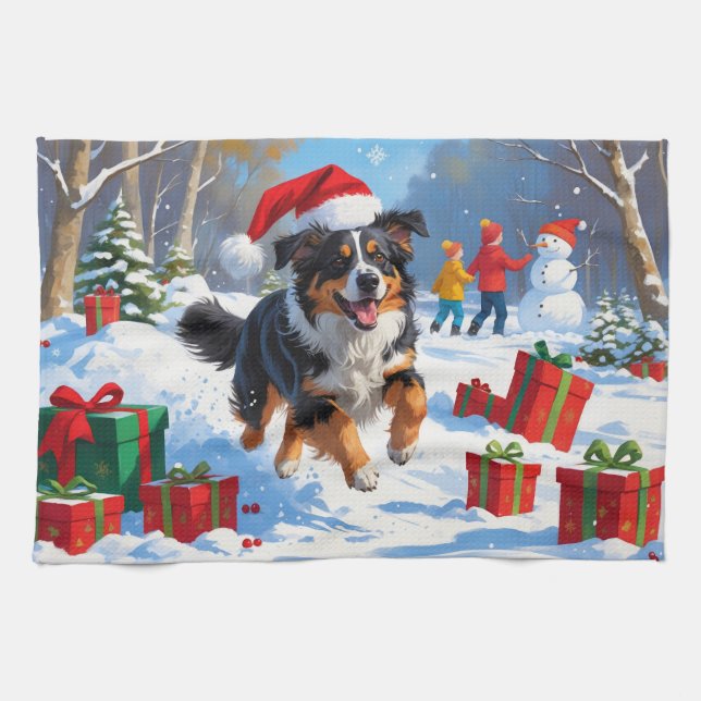 Australian Shepherd Christmas Festive Snow Scene Kitchen Towel (Horizontal)