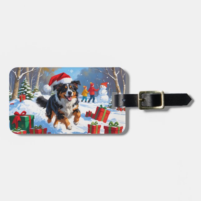 Australian Shepherd Christmas Festive Snow Scene Luggage Tag (Front Horizontal)