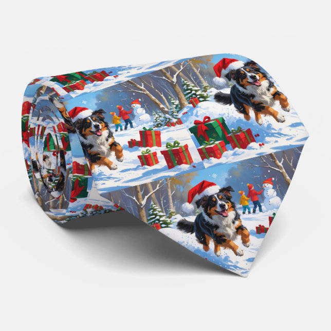 Australian Shepherd Christmas Festive Snow Scene Neck Tie (Rolled)