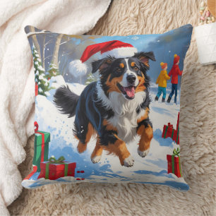 Australian Shepherd Christmas Festive Snow Scene Throw Pillow