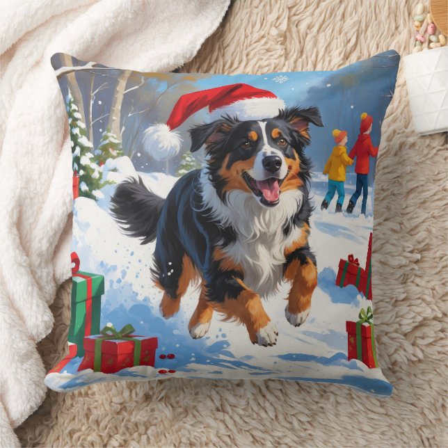 Australian Shepherd Christmas Festive Snow Scene Throw Pillow (Blanket)