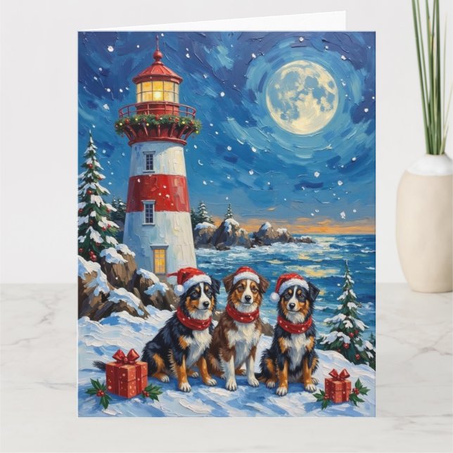 Australian Shepherd Christmas Lighthouse Holiday Card (Front)