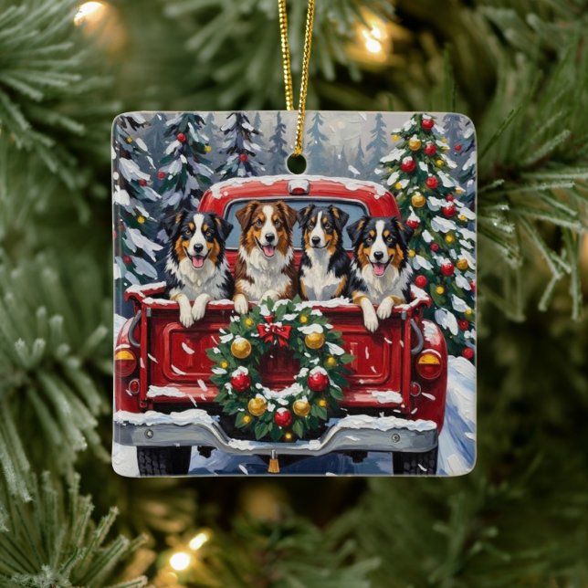 Australian Shepherd Christmas Red Truck Holiday Ceramic Ornament (Tree)