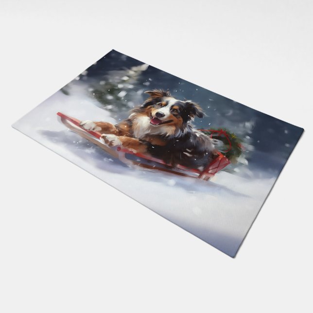 Australian Shepherd Christmas snow winter Doormat (Angled)