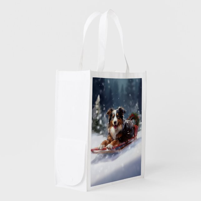 Australian Shepherd Christmas snow winter Grocery Bag (Front Side)