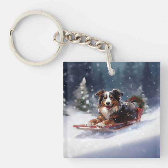 Australian Shepherd Christmas snow winter Keychain (Front)