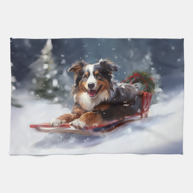 Australian Shepherd Christmas snow winter Kitchen Towel (Horizontal)
