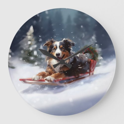 Australian Shepherd Christmas snow winter Large Clock