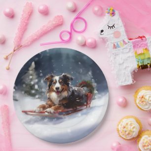 Australian Shepherd Christmas snow winter Paper Plates